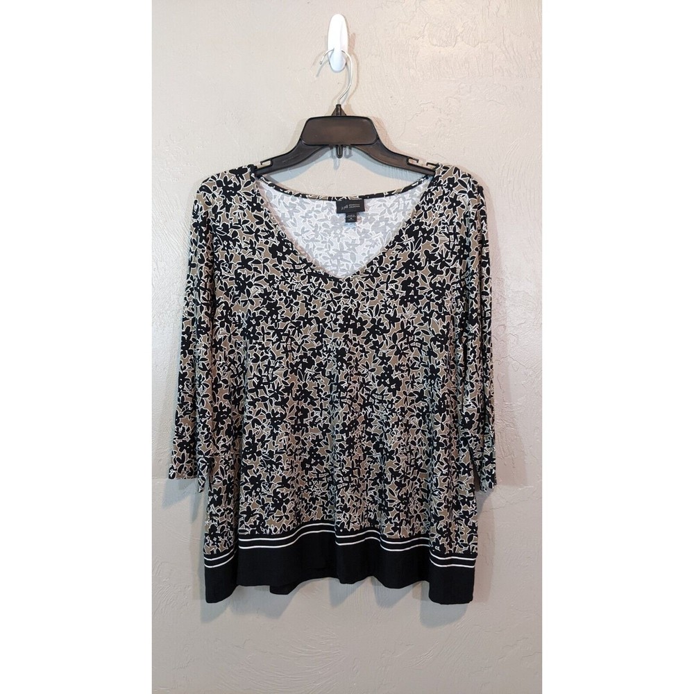 J. Jill Wearever Collection Womens Petite Medium Brown Black Floral 3/4 Slv Top